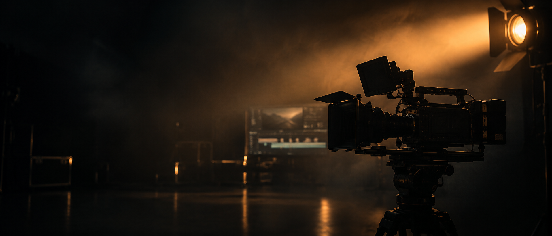 Cinema camera in a dark studio lit by an amber beam