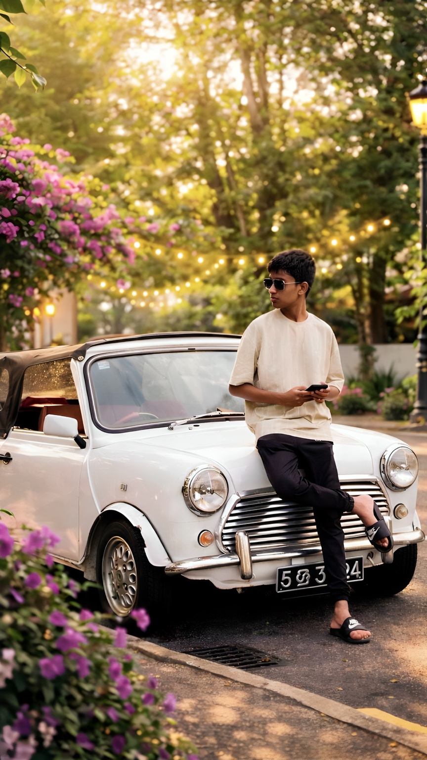 Wenuka Sumanasekera beside a classic Mini
